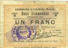 FRENCH EMERGENCY NOTES 1 franc Oignies (62). Commune. Billet. 30.8.1914, série B -