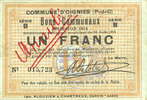 FRENCH EMERGENCY NOTES 1 franc Oignies (62). Commune. Billet. 30.8.1914, série B -