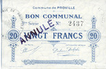 FRENCH EMERGENCY NOTES 20 francs Proville (59). Commune. Billet. cachet annulé -