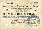 FRENCH EMERGENCY NOTES 2 francs Poix-Terron (08). Syndicat d'Emission. Billet. 10.7.1916, série B -