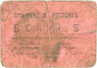 FRENCH EMERGENCY NOTES 5 centimes Prisches (59). Commune. Billet. -