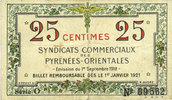 FRENCH EMERGENCY NOTES 25 centimes Pyrénées Orientales (66). Syndicats Commerciaux. Billet. 1.9.1918, série O -
