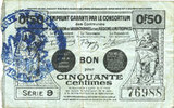 FRENCH EMERGENCY NOTES 50 centimes Valenciennes (59). Emprunt Consortium. Billet. série 9 -