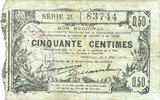 FRENCH EMERGENCY NOTES Fourmies (59). Bon Régional Nord, Aisne et Oise. Billet. 50 cmes 8.5.1916, série 21 -