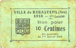 FRENCH EMERGENCY NOTES 10 centimes Rabastens (81). Ville. Billet. 1ère émission -
