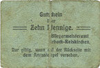 GERMANY - EMERGENCY NOTES (1914-1923) A - J 10 pfennig Erbach-Reiskirchen. Gemeinde. Billet. au dos, numérotation manuscrite en noir... -