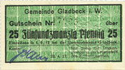 GERMANY - EMERGENCY NOTES (1914-1923) A - J Gladbeck. Gemeinde. B25 pf 22.4.1917, vert clair,annulation par cachet Entwertet au dos -