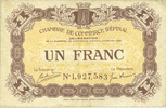 FRENCH EMERGENCY NOTES 1 franc Epinal (88). Chambre de Commerce. Billet. -