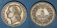 FRENCH MODERN COINS 5 francs Gouvernement provisoire (1944-1947). Lavrillier bronze d'aluminium -