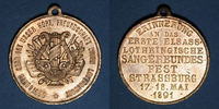 ALSACE Bronze Alsace. Strasbourg. 1ère fête des chanteurs d'Alsace-Lorraine. Médaille. doré. 33,33 m -