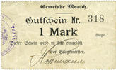 FRENCH EMERGENCY NOTES 1 mark Moosch (68). Commune. Billet. . Papier blanc. Cachet communal allemand -