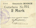FRENCH EMERGENCY NOTES 2 mark Moosch (68). Commune. Billet. . Carton blanc. Cachet communal français -