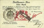 FRENCH EMERGENCY NOTES 1 mark Mulhouse (68). Ville. Billet 31.8.14 surchargé 1. Cachet allemand nouveau noir. Signé Haby -