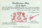 FRENCH EMERGENCY NOTES 2 mark Mulhouse (68). Ville. Billet 31.8.14. Non émis, avec filigrane -