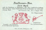 FRENCH EMERGENCY NOTES 2 mark Mulhouse (68). Ville. Billet 31.8.14. Non émis, avec filigrane -