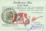 FRENCH EMERGENCY NOTES 2 mark Mulhouse (68). Ville. Billet 31.8.14 surchargé 2. Cachet allemand ancien noir. Signé Woeffl -