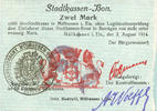 FRENCH EMERGENCY NOTES 2 mark Mulhouse (68). Ville. Billet 31.8.14 surchargé 2. Cachet allemand nouveau noir. Signé Woeffl -