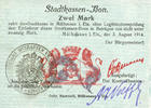 2 mark  FRANZÖSISCHE NOTSCHEINE Mulhouse (68). Ville. Billet   31.8.14 surchargé 2. Cachet all. nouveau noir. Signature Woeffl I