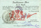 FRENCH EMERGENCY NOTES 2 mark Mulhouse (68). Ville. Billet 31.8.14 surchargé 2. Cachet all. nouveau noir. Signé J.Hunte(?) -