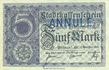 FRENCH EMERGENCY NOTES 5 mark Mulhouse (68). Ville. Billet Annulation à lavers par cachet « ANNULÉ » -