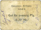 FRENCH EMERGENCY NOTES 20 pfennig Vieux-Thann. Commune. Billet. Non annulé -