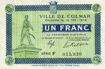 FRENCH EMERGENCY NOTES 1 franc Colmar (68). Ville. Billet. 15.12.1918, série F. Filigrane « G TORPE(
) » -