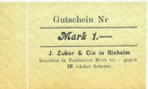 1 mark  FRANZÖSISCHE NOTSCHEINE Rixheim. J. Zuber & Cie. Billet.   avec souche. Non émis I