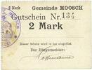 FRENCH EMERGENCY NOTES 2 mark Moosch (68). Commune. Billet. . Carton blanc. Cachet communal français -