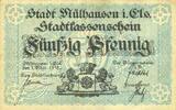 FRENCH EMERGENCY NOTES 50 pfennig Mulhouse (68). Ville. Billet Non annulé -