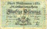 FRENCH EMERGENCY NOTES 50 pfennig Mulhouse (68). Ville. Billet Type avec double numérotation. Non annulé -