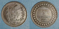 OLD FRENCH COLONIES 5 centimes Tunisie. Ali III, bey (1299-1320H = 1882-1902). (= 1891) -