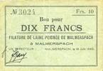 FRENCH EMERGENCY NOTES 10 francs Malmerspach (68). Filature de laine peignée. Billet. 18.6.1940, signature : Gary -