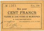 FRENCH EMERGENCY NOTES 100 francs Malmerspach (68). Filature de laine peignée. Billet. 18.6.1940, signature : Diffor -