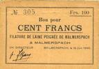 FRENCH EMERGENCY NOTES 100 francs Malmerspach (68). Filature de laine peignée. Billet. 18.6.1940, signature : Gary -