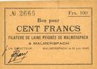 FRENCH EMERGENCY NOTES 100 francs Malmerspach (68). Filature de laine peignée. Billet. 18.6.1940, signature : Gary -