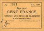 FRENCH EMERGENCY NOTES 100 francs Malmerspach (68). Filature de laine peignée. Billet. 18.6.1940, signature : Gary -