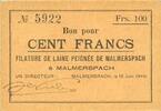 FRENCH EMERGENCY NOTES 100 francs Malmerspach (68). Filature de laine peignée. Billet. 18.6.1940, signature : de Niele -