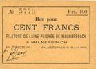 FRENCH EMERGENCY NOTES 100 francs 18.6.1940 Malmerspach (68). Filature d... 39.59 US$  +  11.00 US$ shipping