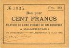 FRENCH EMERGENCY NOTES 100 francs 18.6.1940 Malmerspach (68). Filature d... 33.76 US$  +  11.00 US$ shipping