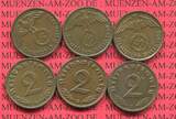 III. Reich, 2 Pfennig Kursmünze mit Hoheitszeichen 1938 Jahrgang Komplett mit Reichsadler Swastika all 1937 Mintmarks 6 Stück USA au- unc brown