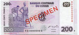 Demokratische Republik Kongo 50, 100, 200, 500 Francs Specimen 2002 /2007 4 Specimen Banknoten Ser. Nr. 00000.. Diamanten Elefant.. Uncirculated