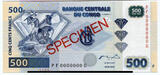 Demokratische Republik Kongo 50, 100, 200, 500 Francs Specimen 2002 /2007 4 Specimen Banknoten Ser. Nr. 00000.. Diamanten Elefant.. Uncirculated