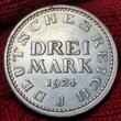 Weimarer Republik Deutsches Reich 3 Mark Silber Kursmünze 1924 J Kursmünze Silber Drei ausgeschrieben USA AU cleaned min off center strike