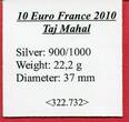 Frankreich 10 Euro Silbermünze 2010 Taj Mahal proof in capsule with certificate & box
