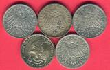 Preussen, Hamburg, Bayern 5 x 3 Mark Lot Kursmünze 1909 + 1913 Kaiserreich Lot 5 Typen Lot, bitte Bilder ansehen