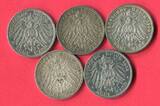 Preußen 5 x 3 Mark Silbermünzen 1908 - 1912 Kaiser Wilhelm II. - Lot lot of 5 coins, please see picture