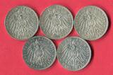 Preußen 5 x 3 Mark Silbermünzen 1908 - 1912 Kaiser Wilhelm II. - Lot lot of 5 coins, please see picture