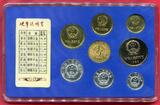 China Peoples Republic PRC Kursmünzensatz KMS 7 Münzen Coins 1985 Jahr des Ochsen , Münz-Set mit Medaille, Shengyang Mint. RR Official Coin set Slipcase has reverse tear