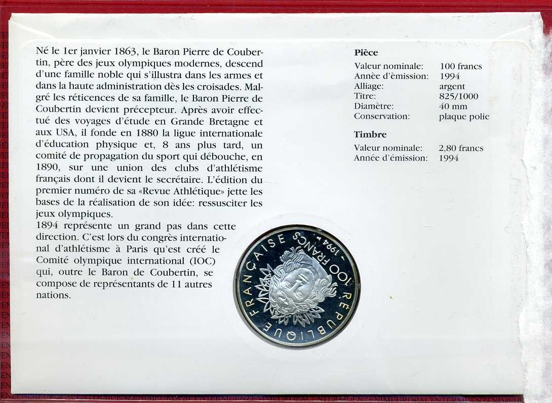 Frankreich, France 100 Francs Silber IOC Serie 1 Unze Frankreich 1994 ...