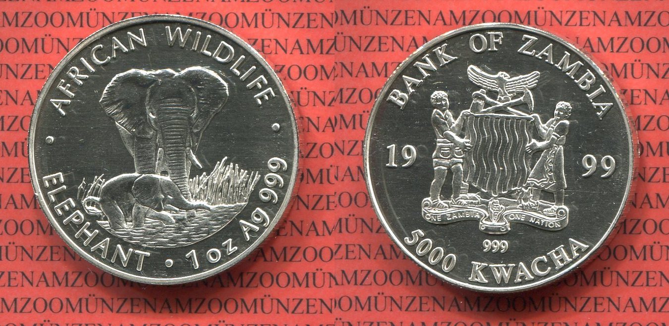 Münzen 3er Set: on sale 5000 Kwacha Zambia 2001 African Wildlife Elephant